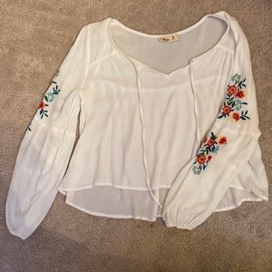 hollister white blouse with floral detailing, size M